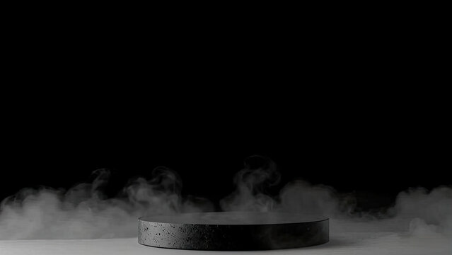 empty podium for product presentation. black podium on a black background with fog in the background