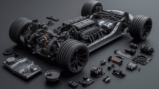 Front car chassis with engine on white background. 3D illustration