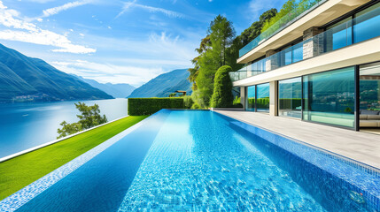 Fototapeta premium Luxurious infinity pool with scenic mountain and lake views, offering a serene and elegant vacation experience
