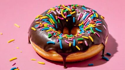 single freshly glazed glossy sheen chocolate frosted donut with colorful sprinkles on top, photograph a vibrant pink background