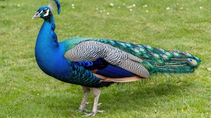 Obraz premium A blue peacock with green and brown feathers stands on green grass during the day