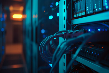 Minimalistic photo of an electric wire connected to server equipment in a server room, illuminated by blue light, conveying a high-tech atmosphere.