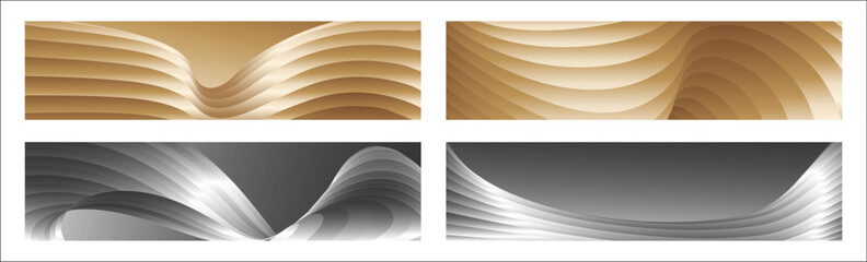 Wavy silver and gold parallel gradient lines, ribbons, silk. Set of 4 backgrounds. Black and white with shades of gray or golden silk. Banner, poster. eps vector
