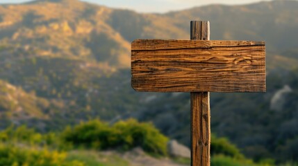 A wooden sign is standing in a field with mountains in the background