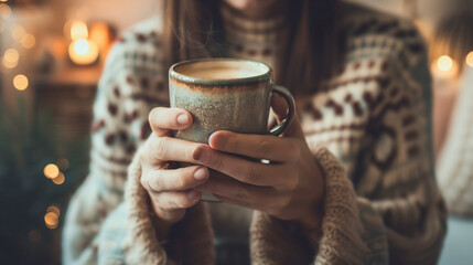 Girl holding a cup of coffee in the morning, enjoying a hot beverage in a warm and cozy setting.
