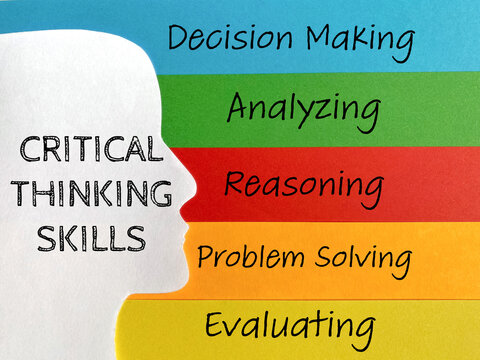 Critical thinking skills - reasoning, problem solving, evaluating, decision making, analyzing on colorful background. Stock photo.