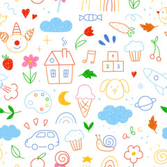 Pattern of children's drawings drawn in doodle style. Simple cute illustration on white background.