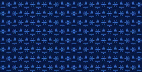 Seamless pattern with Christmas trees and snowflakes on a blue background.