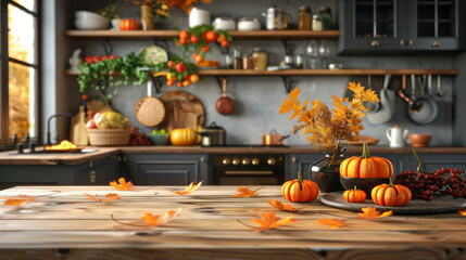 Obraz premium Cozy autumn kitchen scene with a wooden table and decorative pumpkins, perfect for adding text.
