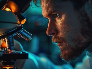 A scientist intently looks through a microscope, focusing on a sample.  The image captures the dedication and focus of scientific research.