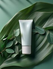Tube cream on green background