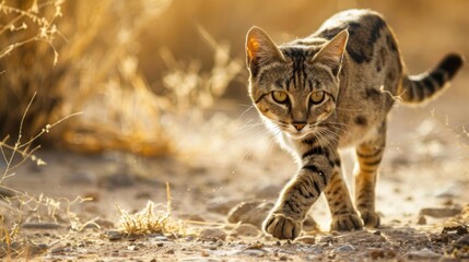 Obraz premium Wild Cat in the Kalahari: African Predator Stalking its Prey