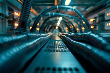 Minimalistic photo of an electric wire neatly arranged inside a cable tray against server equipment background.
