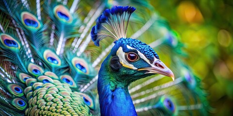 Obraz premium Closeup of a stunningly beautiful peacock with stunning blue feathers, peacock, beautiful, feathers, closeup, wildlife, nature