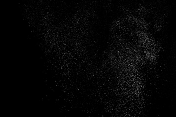 Snow falling effect overlay. White snowfall isolated on black background. Snowy blizzard. Rain drops. Abstract water pattern texture. Vector illustration, EPS 10.