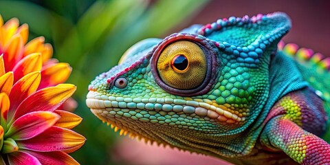 Obraz premium Extreme close-up of a chameleon blending in with a colorful flower , Chameleon, flower, nature, close-up, camouflage, reptile