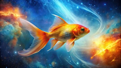 Fototapeta premium Goldfish swimming in a vibrant cosmic water , goldfish, cosmic, water, swimming, space, universe, underwater