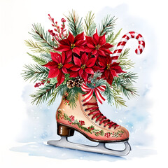 A whimsical Christmas watercolor illustration featuring a vintage-inspired, intricately decorated figure skate standing upright, adorned with a lush floral bouquet, generative ai