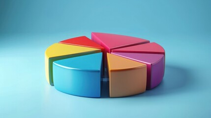 Obraz premium A colorful 3D pie chart with various segments, isolated on a blue background, symbolizing data visualization and analysis in business and statistics.