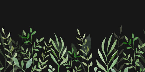 Seamless watercolor border with green plants on dark background. 