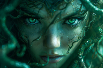 An artistic depiction of Medusa, characterized by her serpentine hair, fierce expression, and petrifying gaze