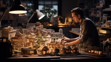 Photograph of a passionate male architect, illuminated by the warm glow of his laptop screen, meticulously crafting architectural models in his dimly lit workspace.