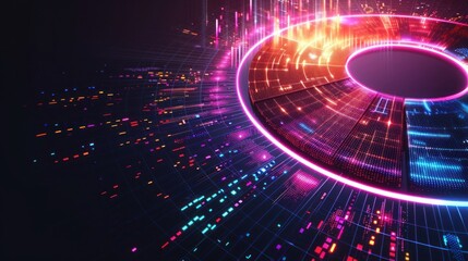 Obraz premium Futuristic data visualization with glowing neon circular interface, digital technology background with dynamic lines and particles.