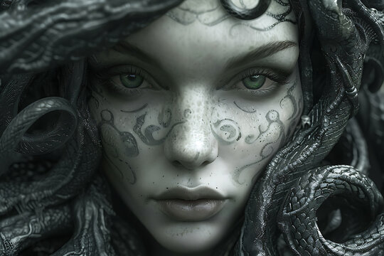 An artistic depiction of Medusa, characterized by her serpentine hair, fierce expression, and petrifying gaze