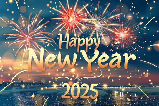 Happy New Year 2025 - Festive Fireworks Over Water Banner
