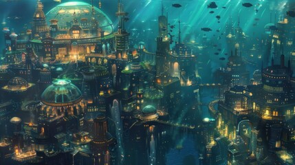 A sprawling underwater city illuminated by the soft glow of bioluminescent marine life
