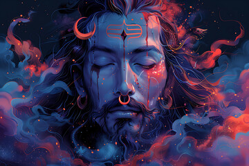Shiva, a prominent deity in Hinduism, depicted with   a crescent moon on his head, and a snake coiled around his neck