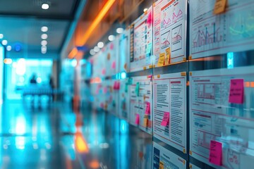 A hallway in an office with a wall covered in whiteboards filled with sticky notes and diagrams