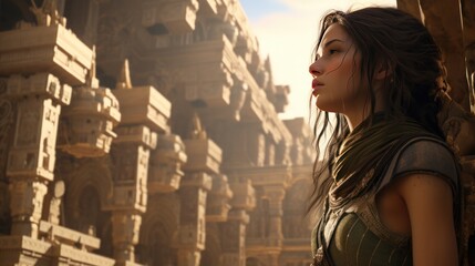 Obraz premium Photograph of a seasoned female architect gazing thoughtfully at an ancient, crumbling temple, her eyes tracing the intricate details
