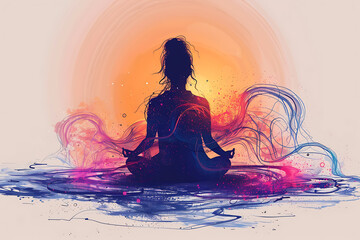 Obraz premium A human sitting in a lotus position, engaged in meditation, depicted in a linear logo style. The design features clean, continuous lines and minimalistic elements to convey tranquility and focus