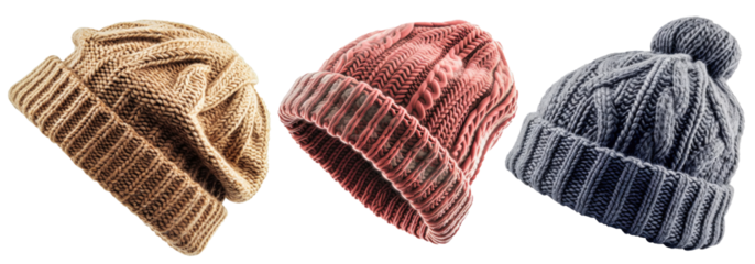 Three cable knit hats, one in beige, one in pink, and one in gray with a pom-pom, sit against a white backdrop, ready to keep heads warm on a frosty day.