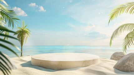 Fototapeta premium Beach podium summer background sand product 3D sea display platform. Beach podium summer banner stand scene sale sky holiday water island sun travel pedestal promotion presentation ad. Generative Ai
