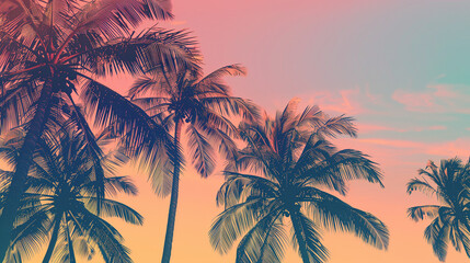 Fototapeta premium palm tree background, palm tree silhouette, sunset background, summer vacation, palm tree branches, holiday