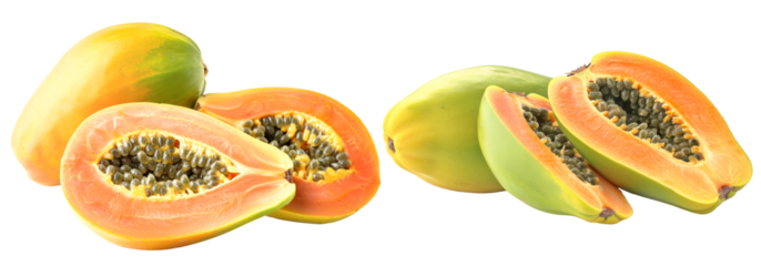A whole papaya split in half, revealing its vibrant orange flesh and black seeds, sits beside two slices of papaya, ready for a refreshing treat.