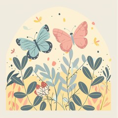 Charming butterflies, garden themes and pastel shades, flat design illustration