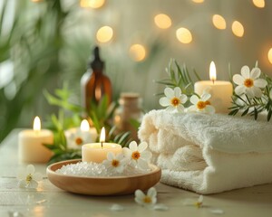 Serene Spa Retreat: Tranquil Setting with Candles, Essential Oils, and Massage Table for Wellness and Relaxation