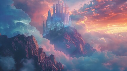Fototapeta premium Celestial Citadel Magnificent City on a High Mountain Peak, Digital Art Style
