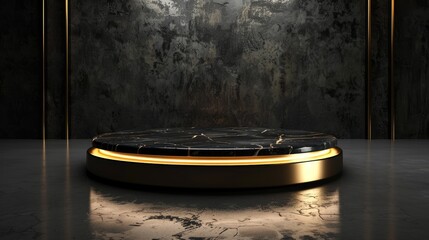 Black and gold podium, 3D stage background, product display platform, spotlight effect, elegant ceremony scene, luxury pedesta