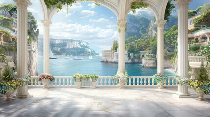 Fototapeta premium A white balcony with an arched opening, draped in white curtains, and surrounded by flowering vines, overlooks a lake with mountains in the distance