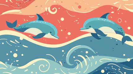 Obraz premium Cute dolphins, wave patterns and refreshing colors, flat design illustration