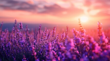 Naklejka premium Serene Lavender Field at Sunset: Tranquil Beauty and Vibrant Colors