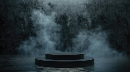 Fototapeta premium Black podium on a smoky, foggy stage with a dark concrete backdrop, perfect for creating a dramatic, empty night room scene