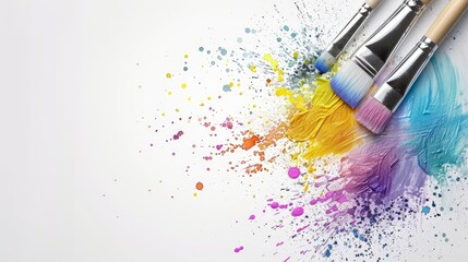 Obraz premium Three paintbrushes are laying on a white surface, a yellow and blue splash of paint is to the right of the brushes and there are colorful paint splatters throughout the image.
