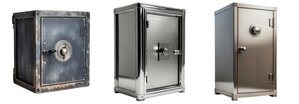 Three safes display the evolution of security: the leftmost aged, the rightmost modern. From past to present, witness the journey of protection