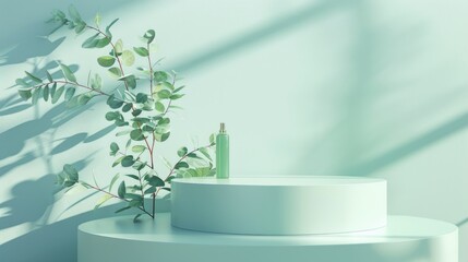 Blue and green podium, minimal 3D product stage, white backdrop with eucalyptus, elegant display for beauty products, studio design