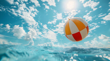 a beach ball float over, bright sky as background, sunny day 
